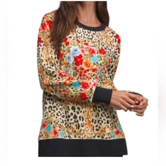Johnny Was High Low Hem Floral Cheetah Leopard Print Crew Neck Boho Sweatshirt - Picture 1 of 10